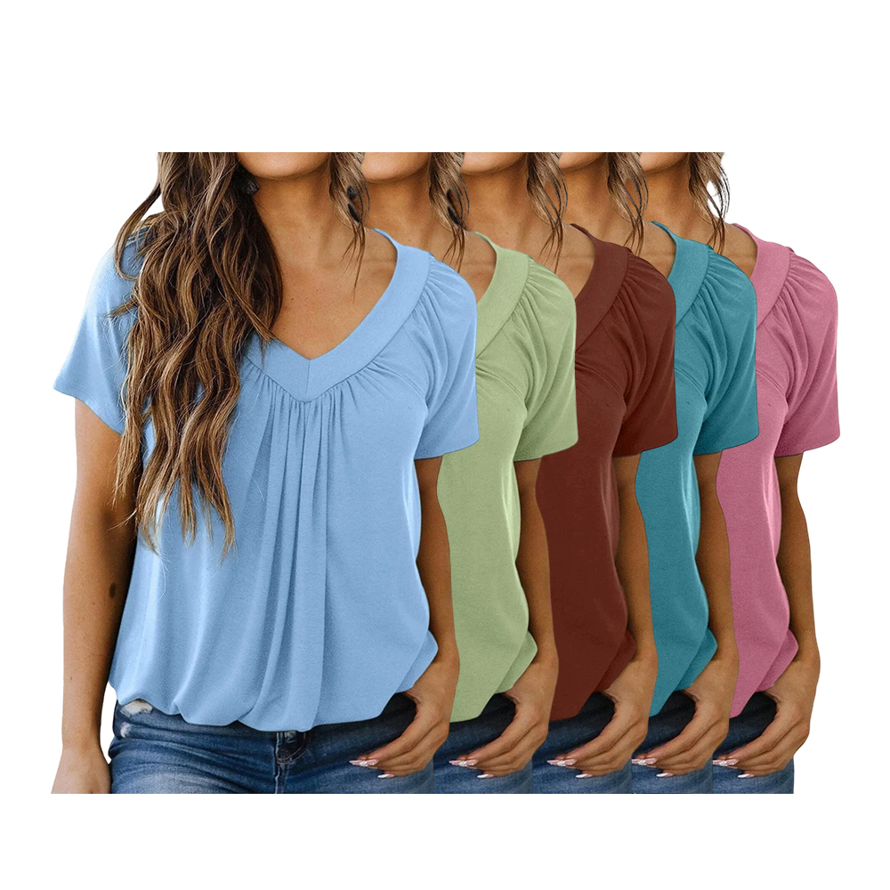 Women’s Casual Summer V-Neck Shirred T-Shirt – Loose Fit & Breathable Tee