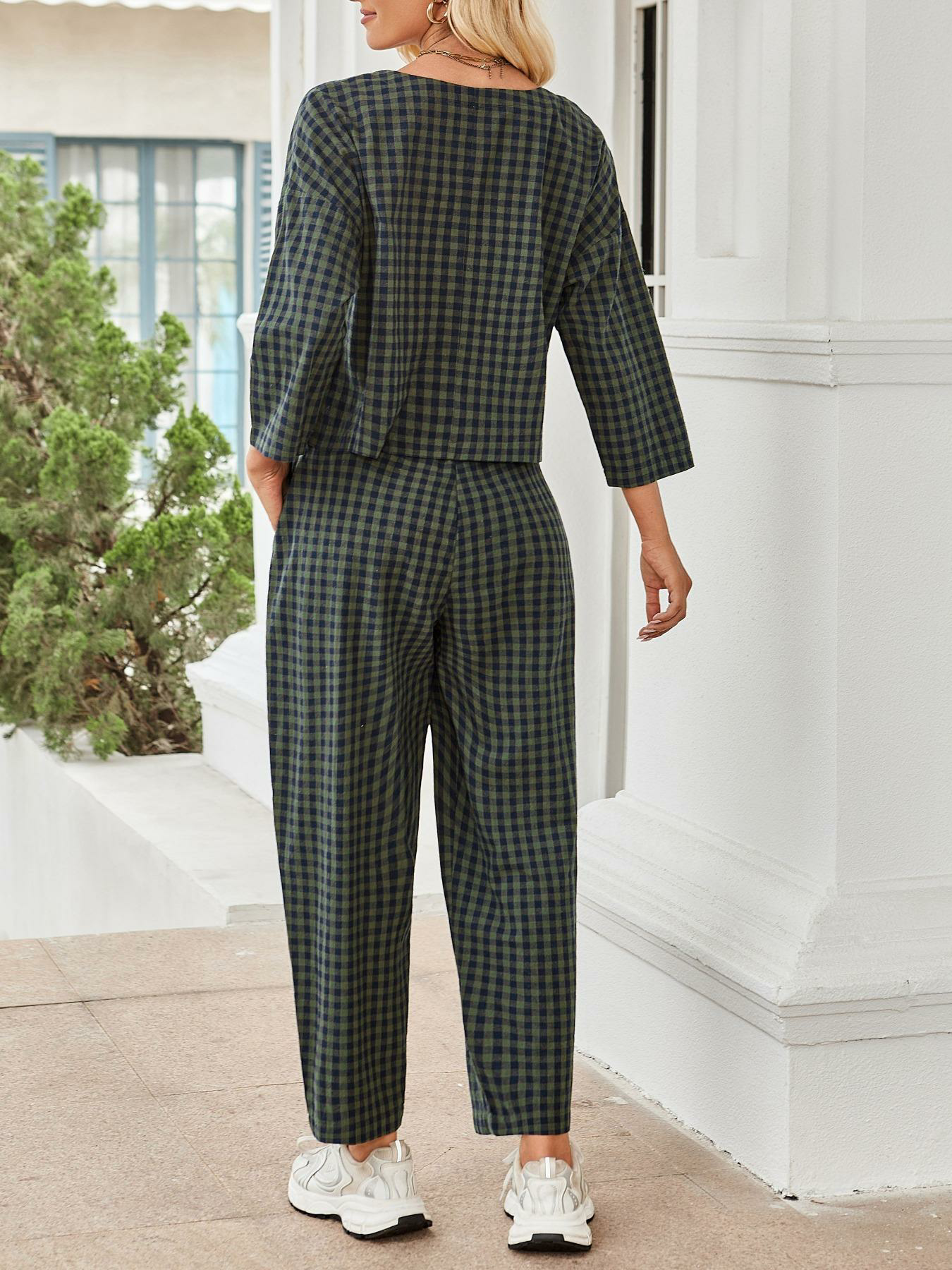 Women's Casual Woven Fabric Plaid Checkered Print Co-ord Set for Fall, Loose Fit Long Sleeve Top & Elastic Waist Wide Leg Pants Two-Piece Set