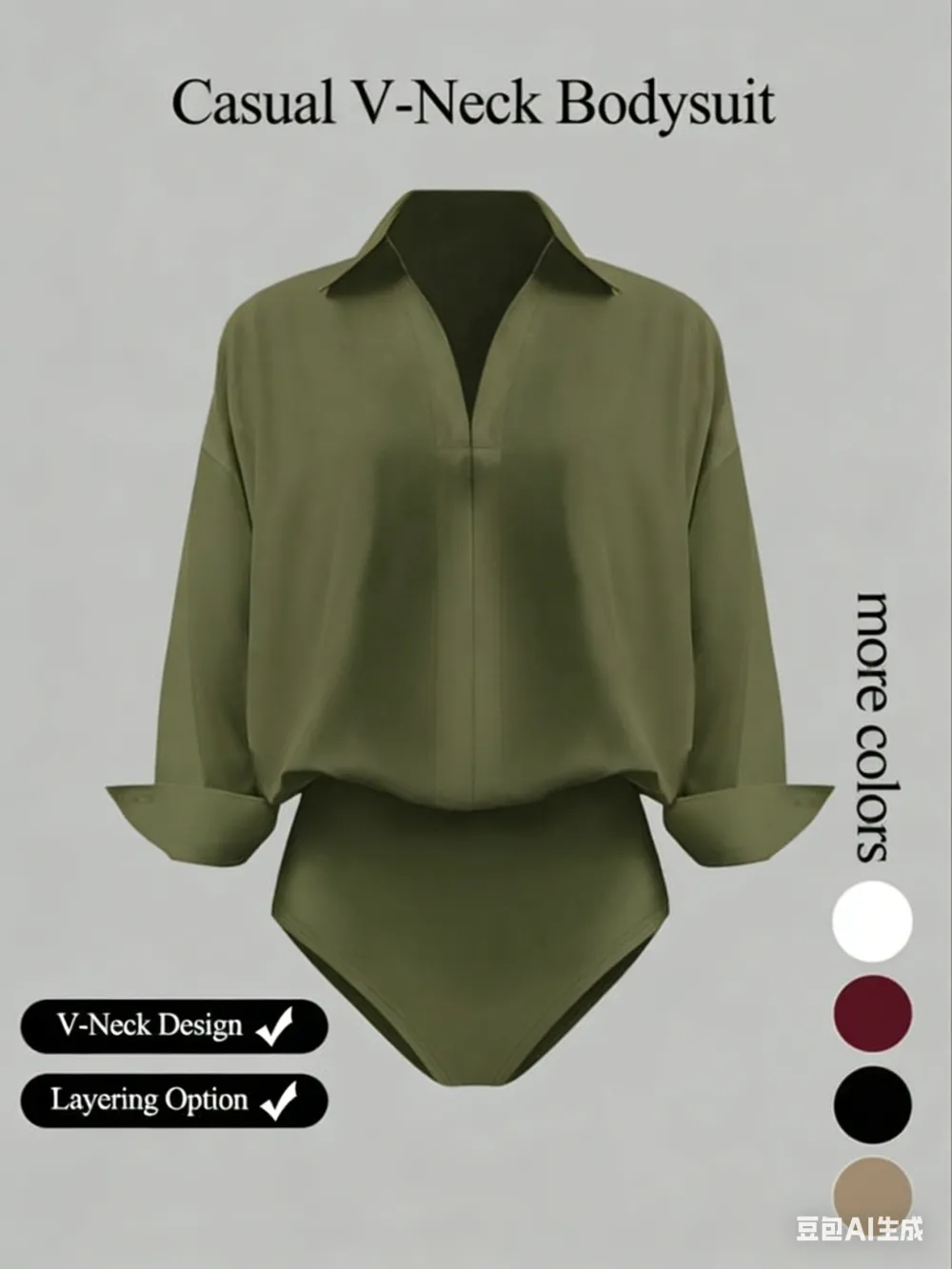 Women's casual loose-fitting V-neck long-sleeved shirt jumpsuit, made from elegant woven fabric