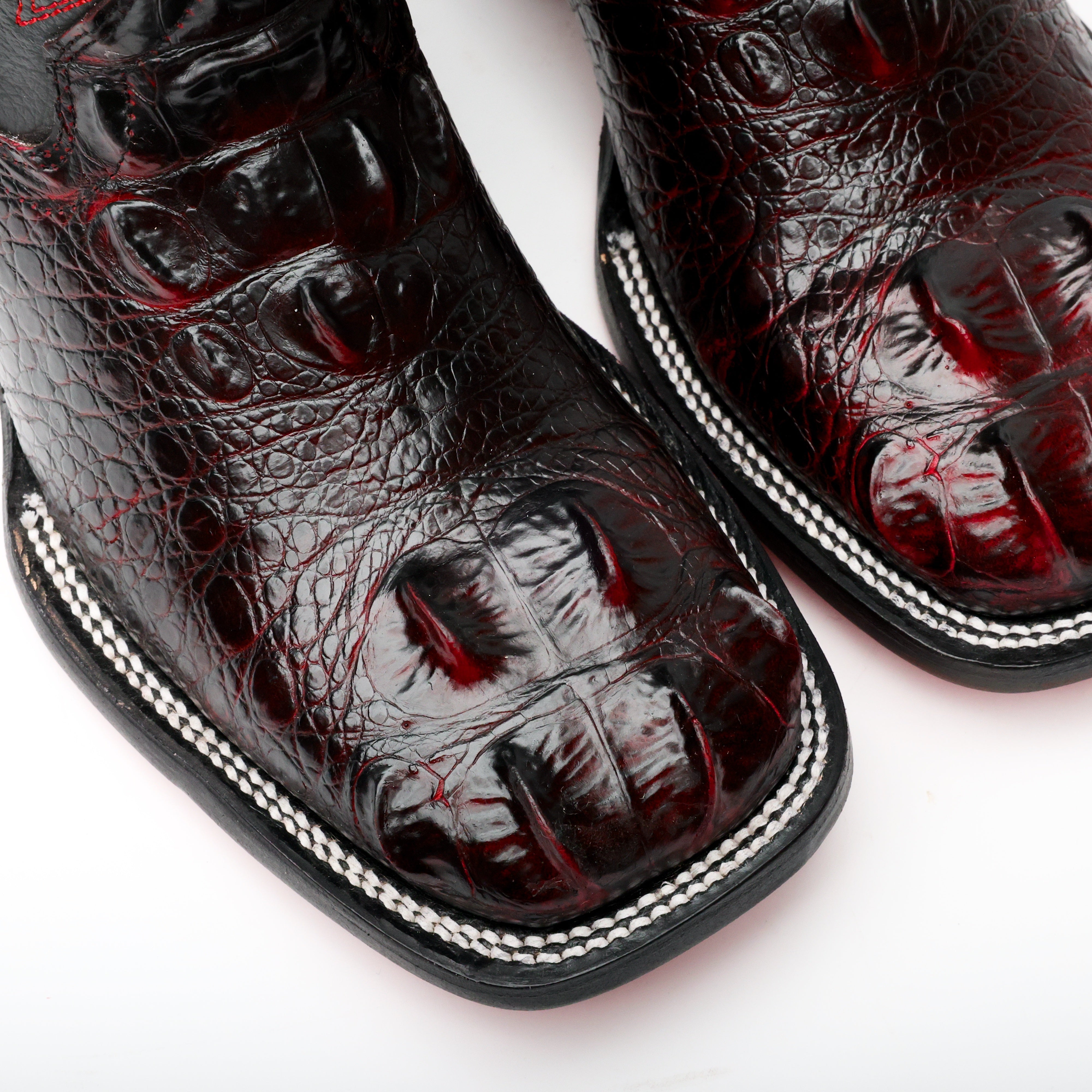 Black Cherry Giant Caiman Neck Leather Boots - Square Toe