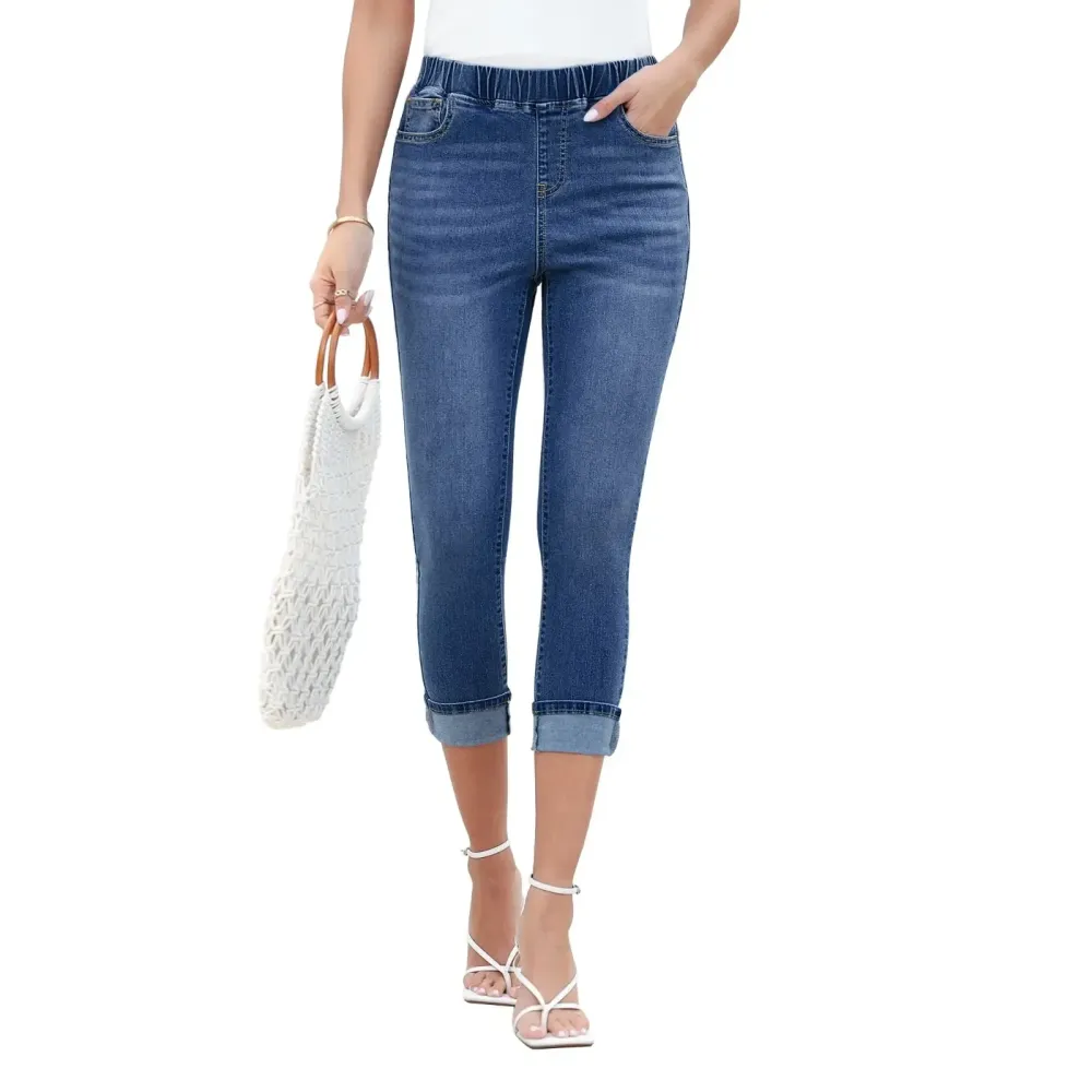 Women High Waisted Skinny Capri Pants Trendy Stretch Denim Cropped Jeans