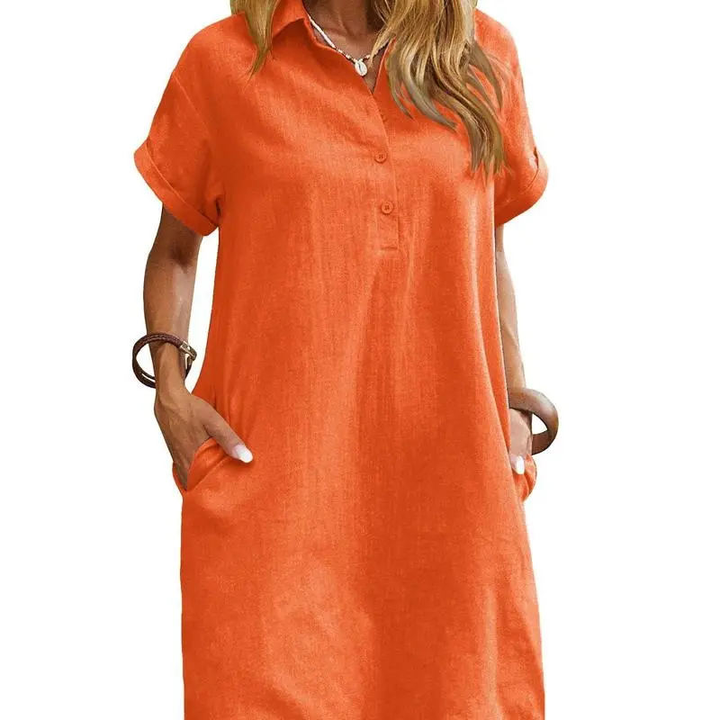 Womens Cotton Shirt Dress Summer Casual Short Sleeve Button Down Beach Cover Up Shirts with Pockets