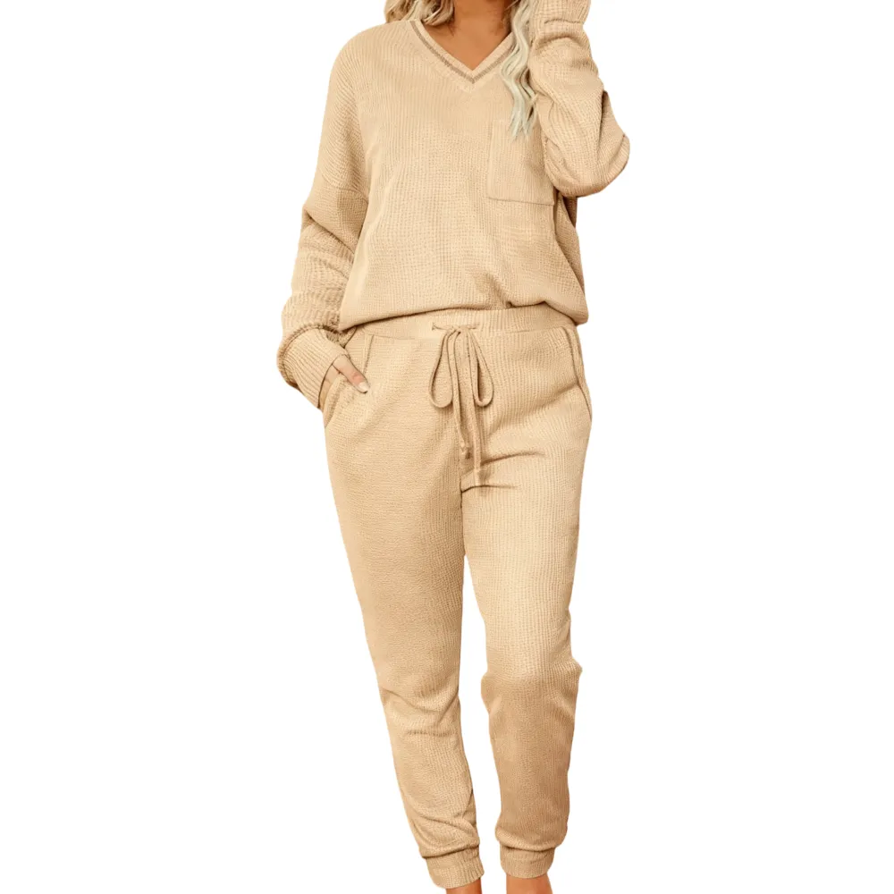 Women's Waffle Knit Two Piece Pullover & Joggers Set