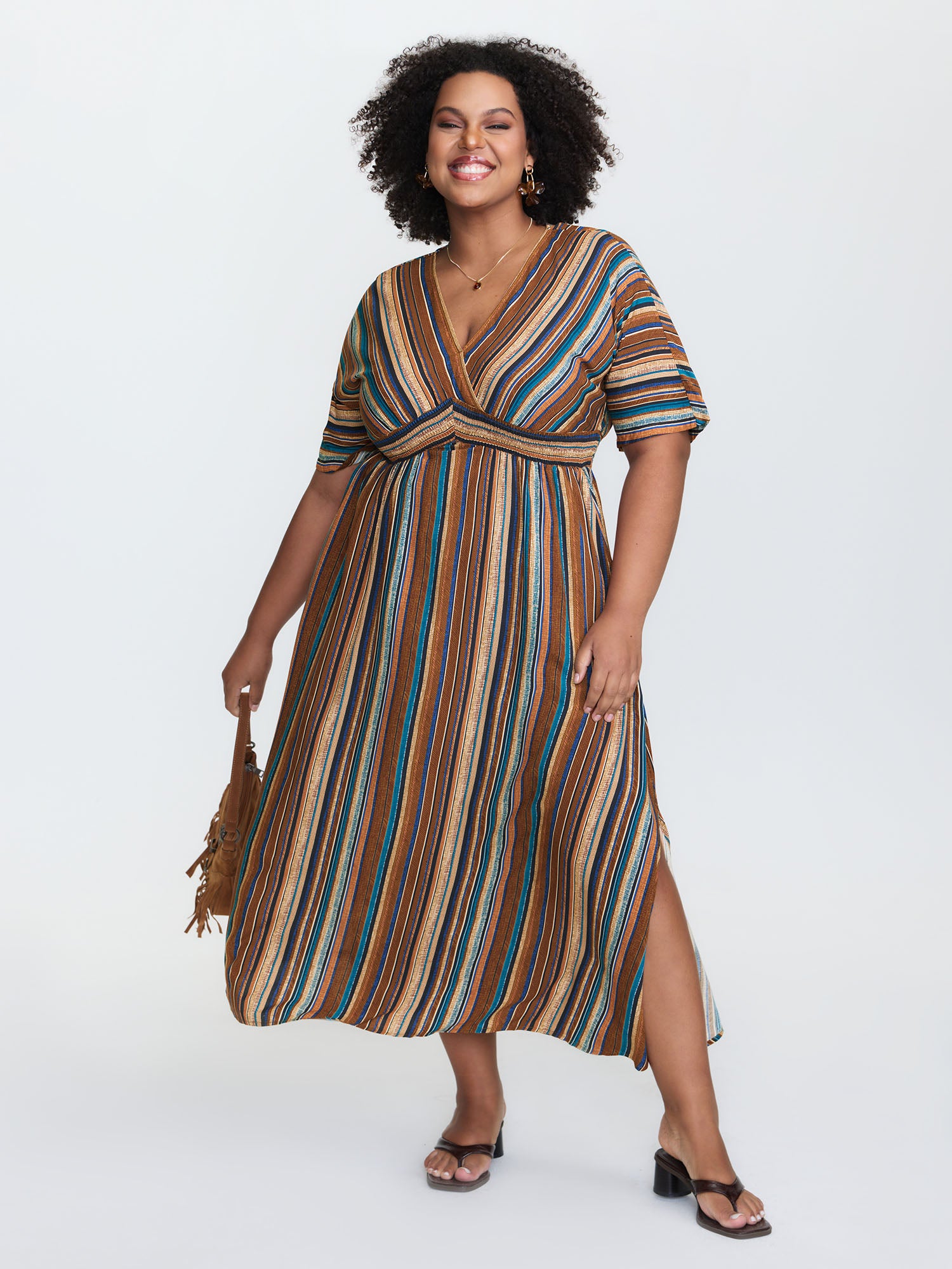 Striped Contrast Dolman Sleeve Shirred Pocket Split Flutter Dress