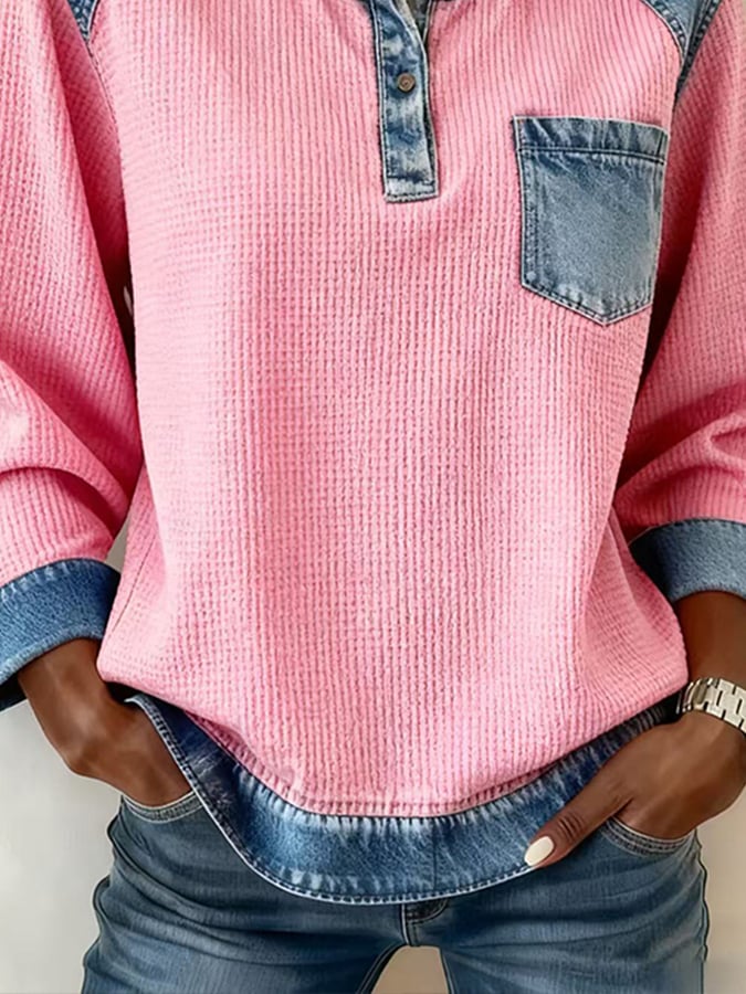 Women's Casual Henley Neck Waffle Panel Top