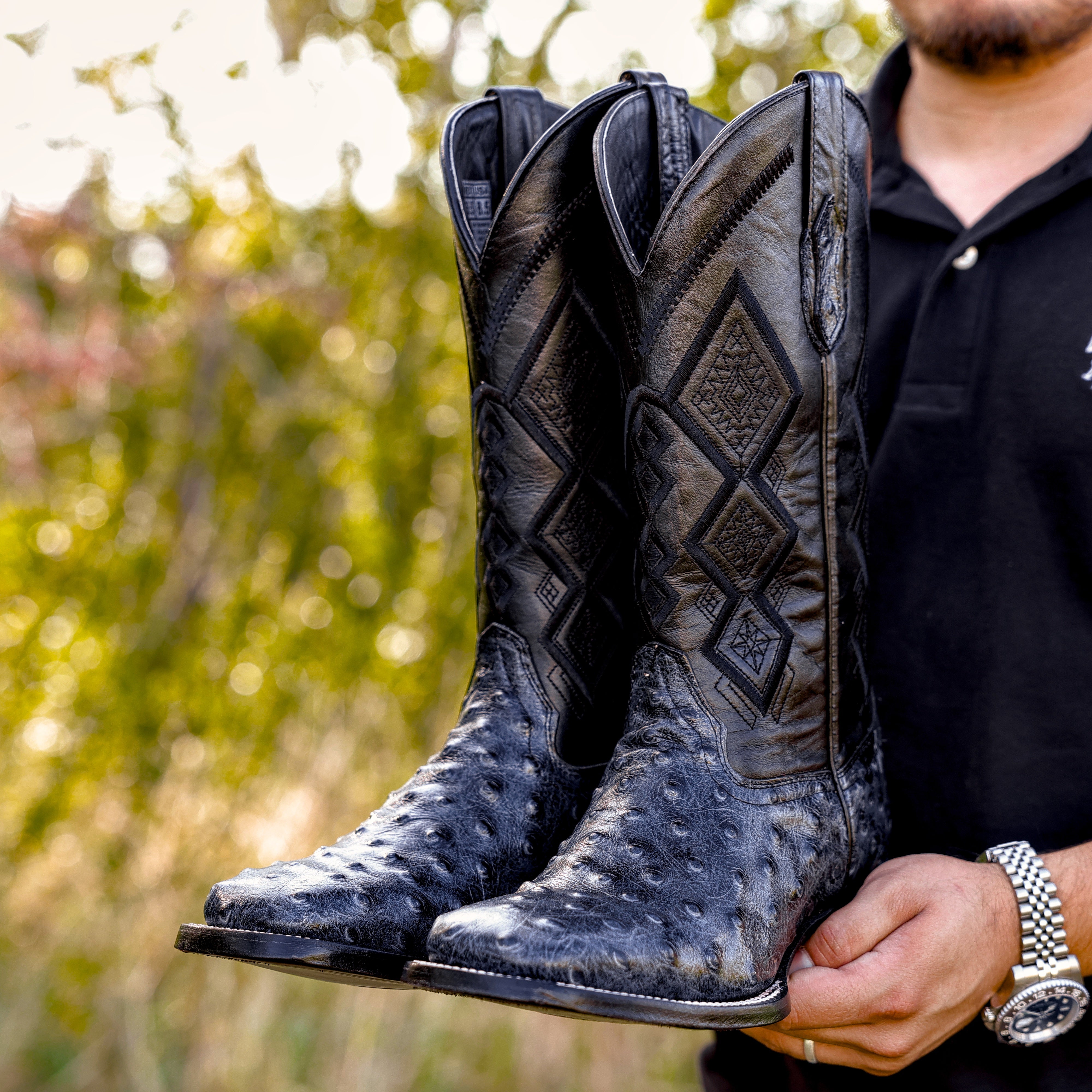 Grey Ostrich Leather Boots - Square Toe