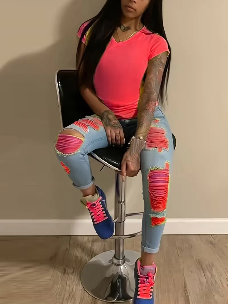 Women's Fashion Yellow Ripped Distressed Skinny Jean Slim Fit Denim Pants