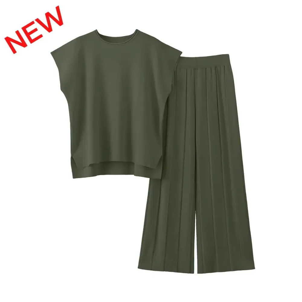 Lounge Sets for Women Two Piece Outfits Knit Cap Sleeve Tops Wide Leg Pleated Pants Casual Dressy Sweater Sets