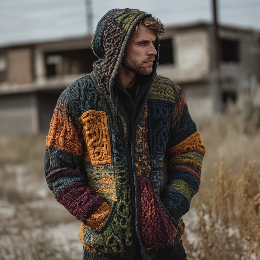 Men's Vintage Colorful Patchwork Knit Chunky Hooded Cardigan
