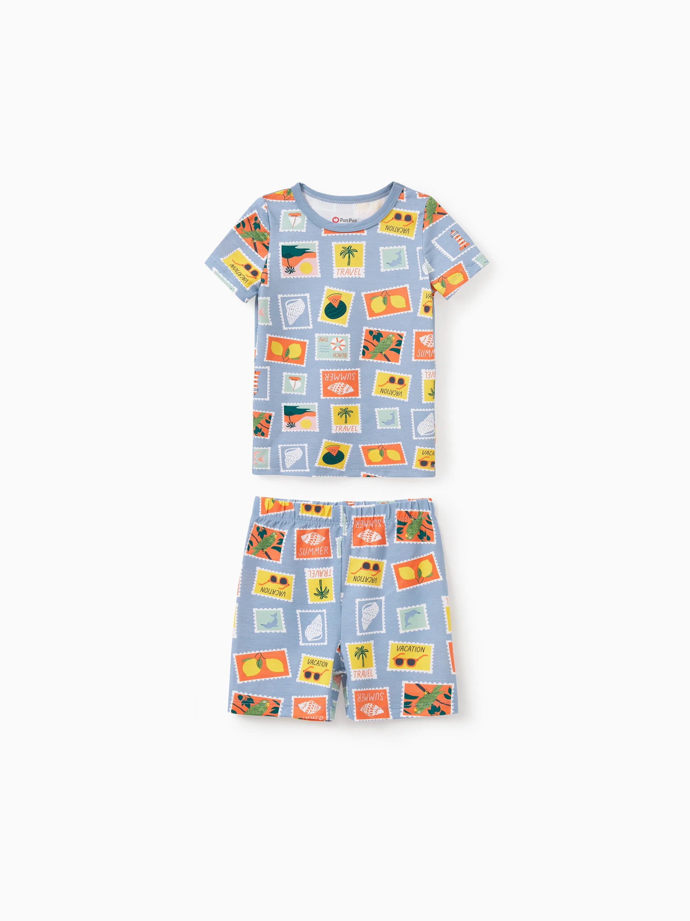 Bamboo Family Pajamas Vacation Theme Print Short-sleeve Matching Pajama set (Snug-Fitting for Children) Color block