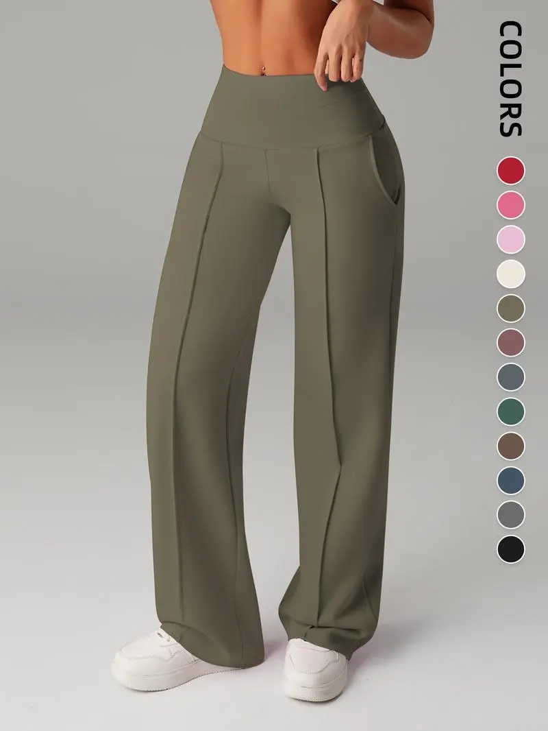 Women's Plain Loose Straight Leg Pants, Wide Leg High Waist Sporty Casual Sweatpants with Pockets