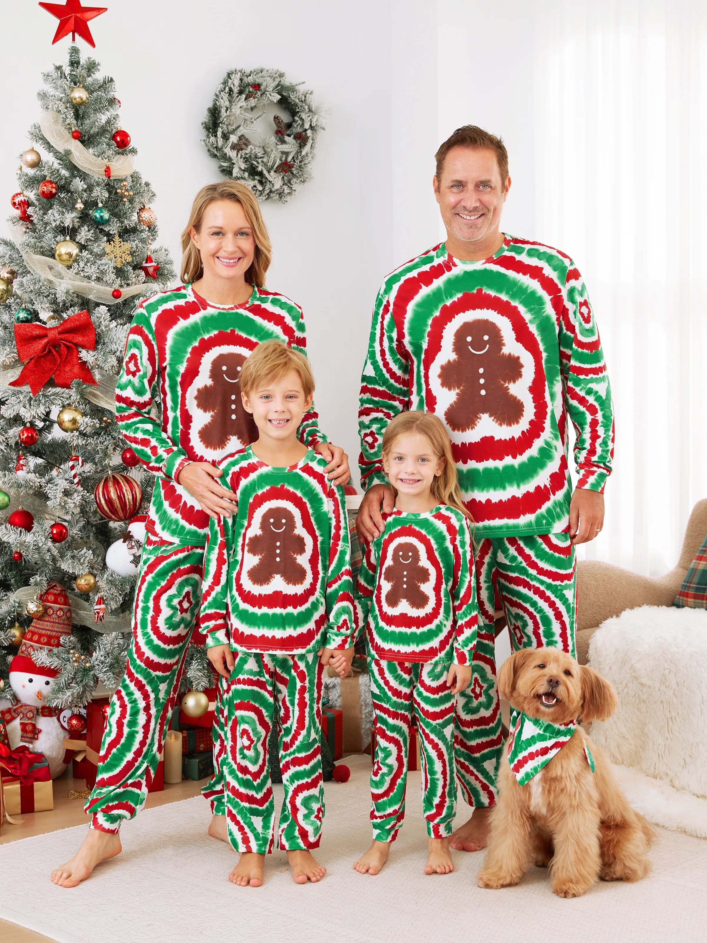 Christmas Family Red&Green Tie-Dye Gingerbread Man Pajamas Sets with Christmas Socks MultiColour