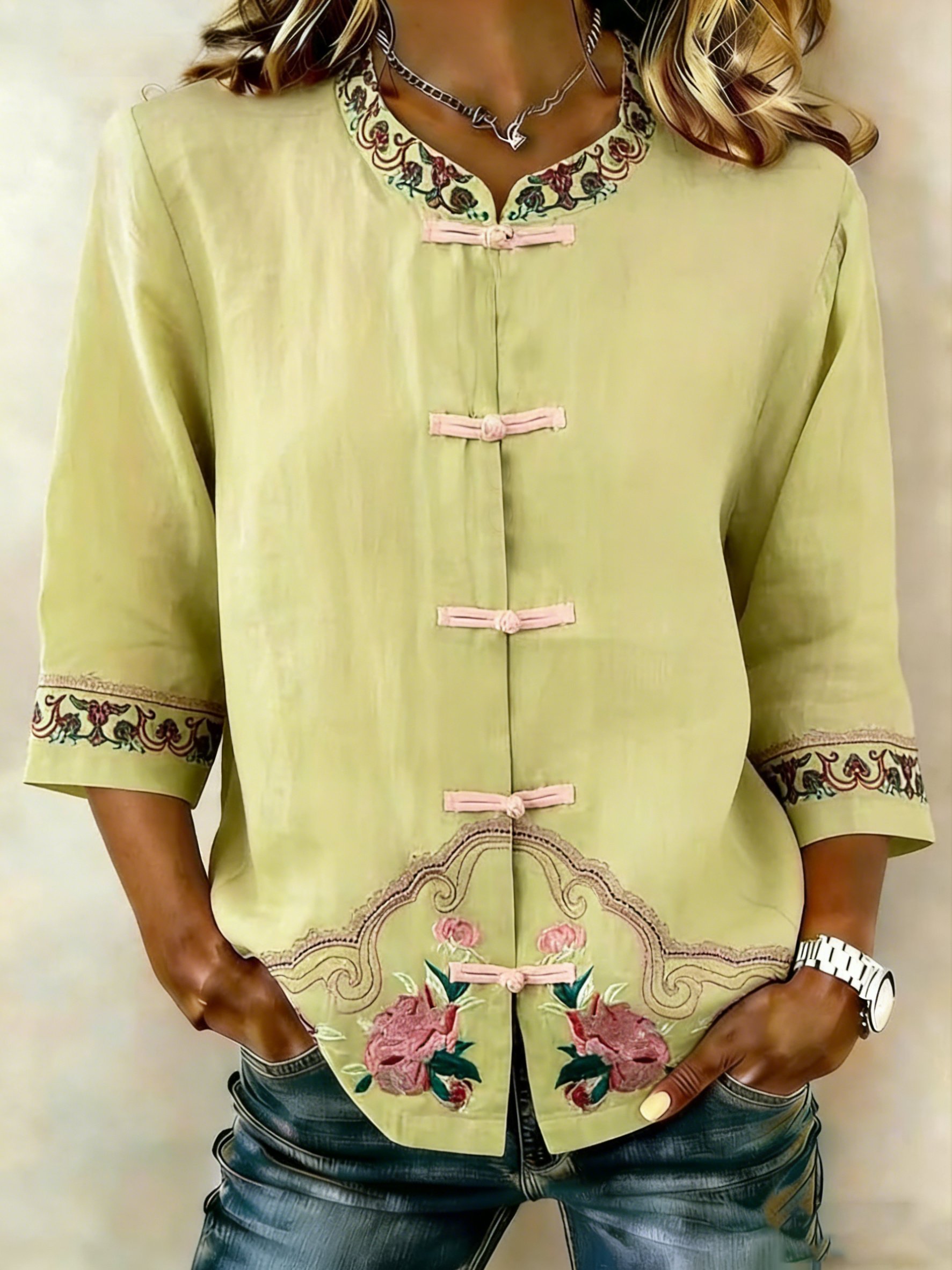 Women's Retro Floral Diagonal Placket Button Cotton Linen Three-Quarter Sleeve Shirt