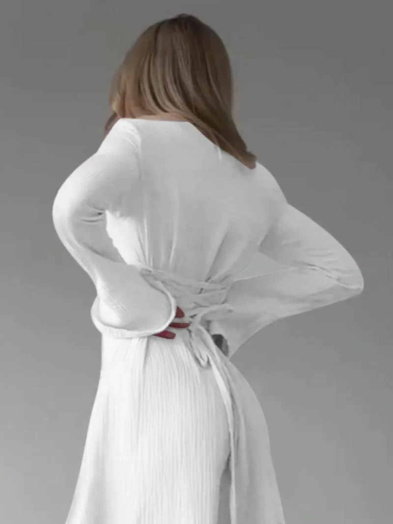 Women's Plain Lace Up Tie Back Flounce Sleeve Dress