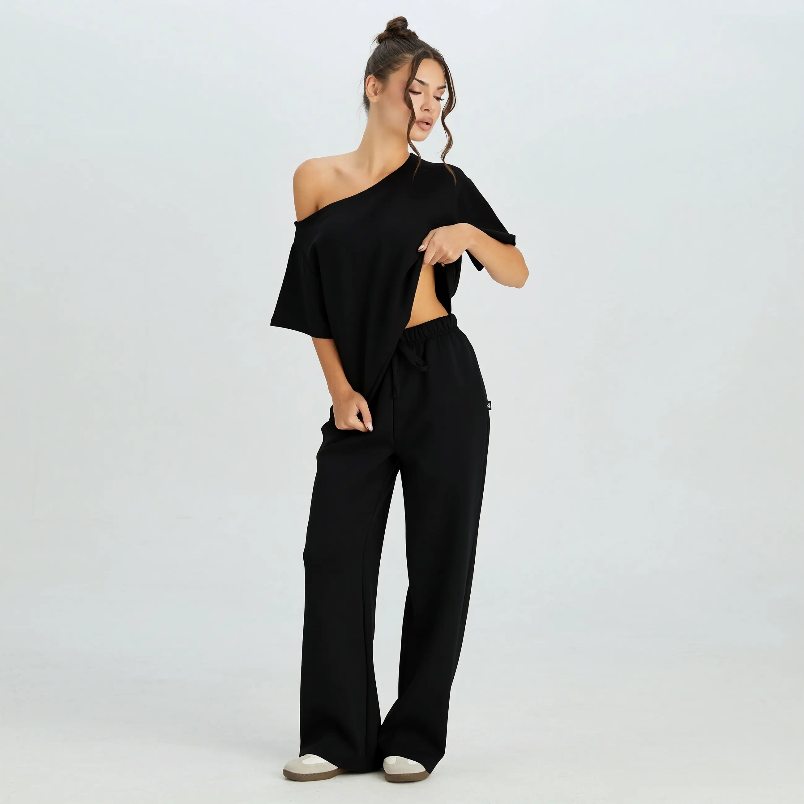 Women's Leisure Solid Color Sloping Shoulder Short Sleeve Top & Drawstring Waist Wide Leg Trousers Co-ord