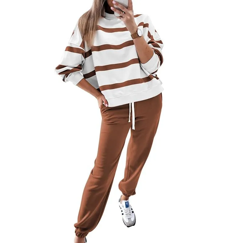 Women's Striped Two Piece Outfit Long Sleeve Drop Shoulder Pullover Tops & Jogger Pants Sets