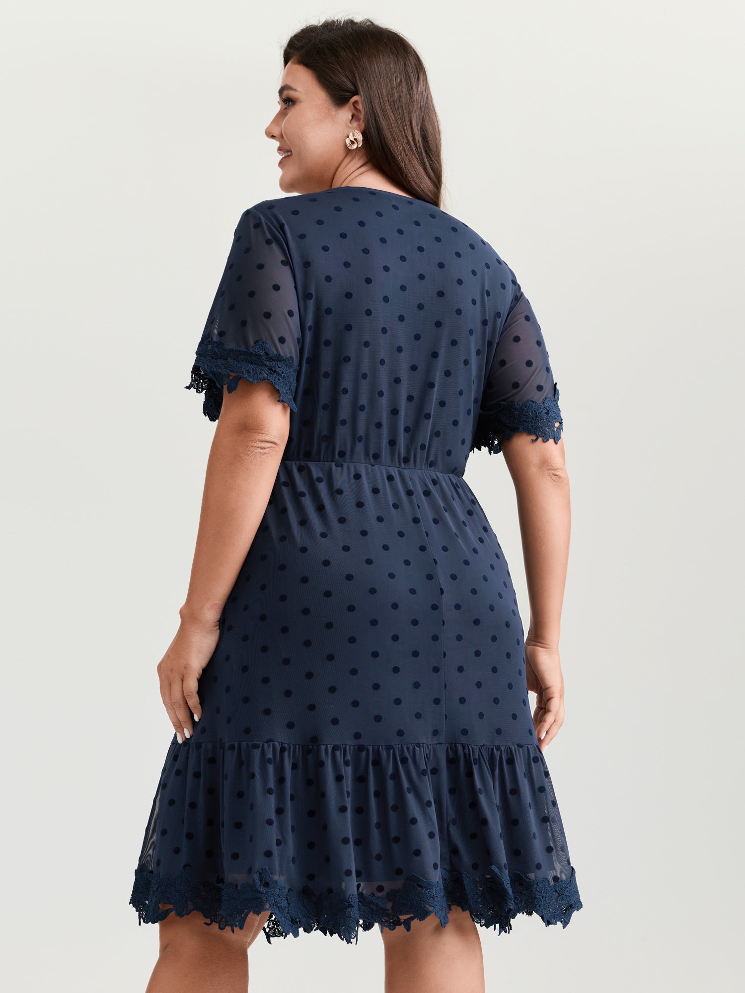 Polka Dot Textured Lace Trim Mini Dress