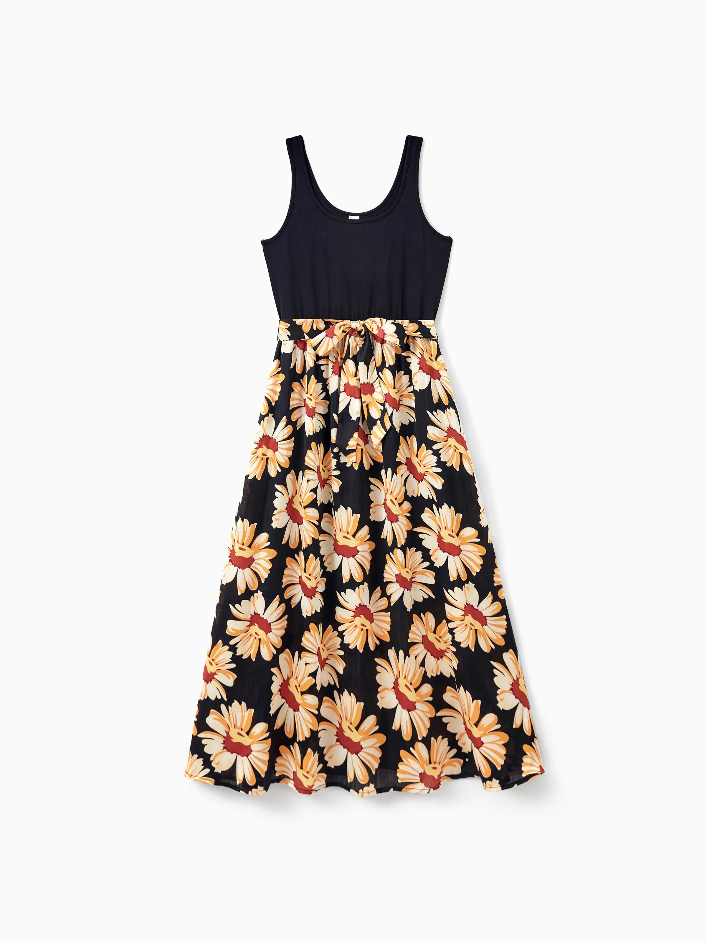 Family Matching Set Floral Sleeveless Strappy Dress or Colorblock Short-sleeve T-shirt  Black