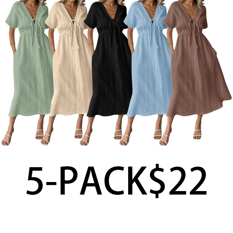 Women's Cotton V-Neck Bohemian Dress – Loose Fit Beach Dress with Pockets