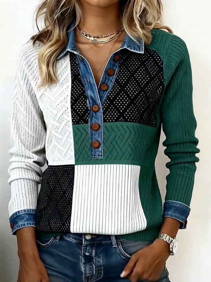 Women'S Casual Loose Color-Blocked Print Patchwork Top