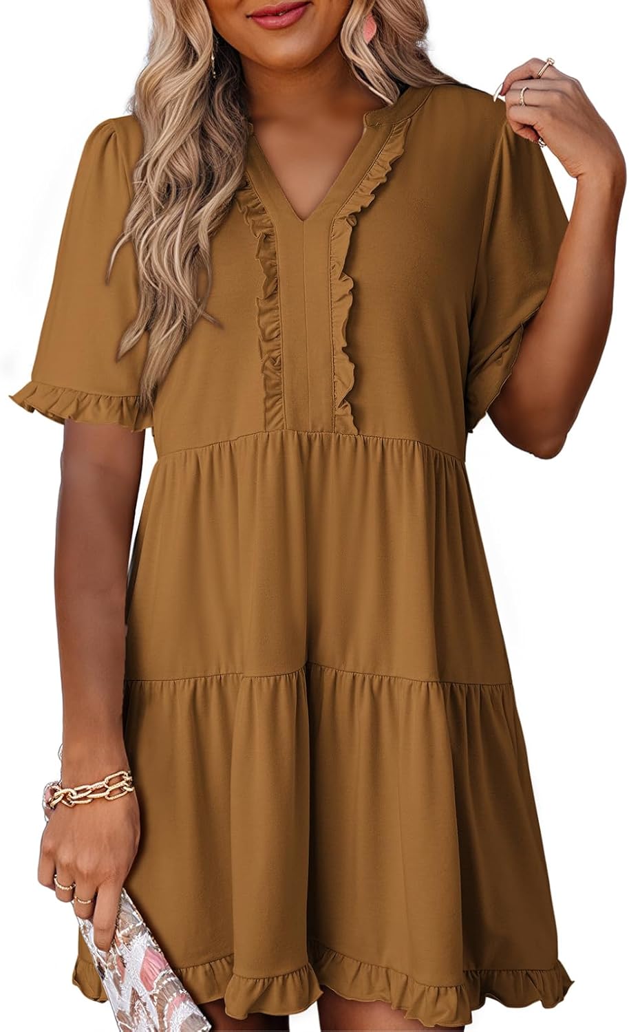 Womens Dresses 2025 Summer Spring V Neck Short Sleeve Casual A Line Flowy Swing Shift Dress Mini Dress
