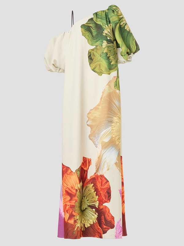A-Line Loose Elasticity Flower Print One-Shoulder Maxi Dresses