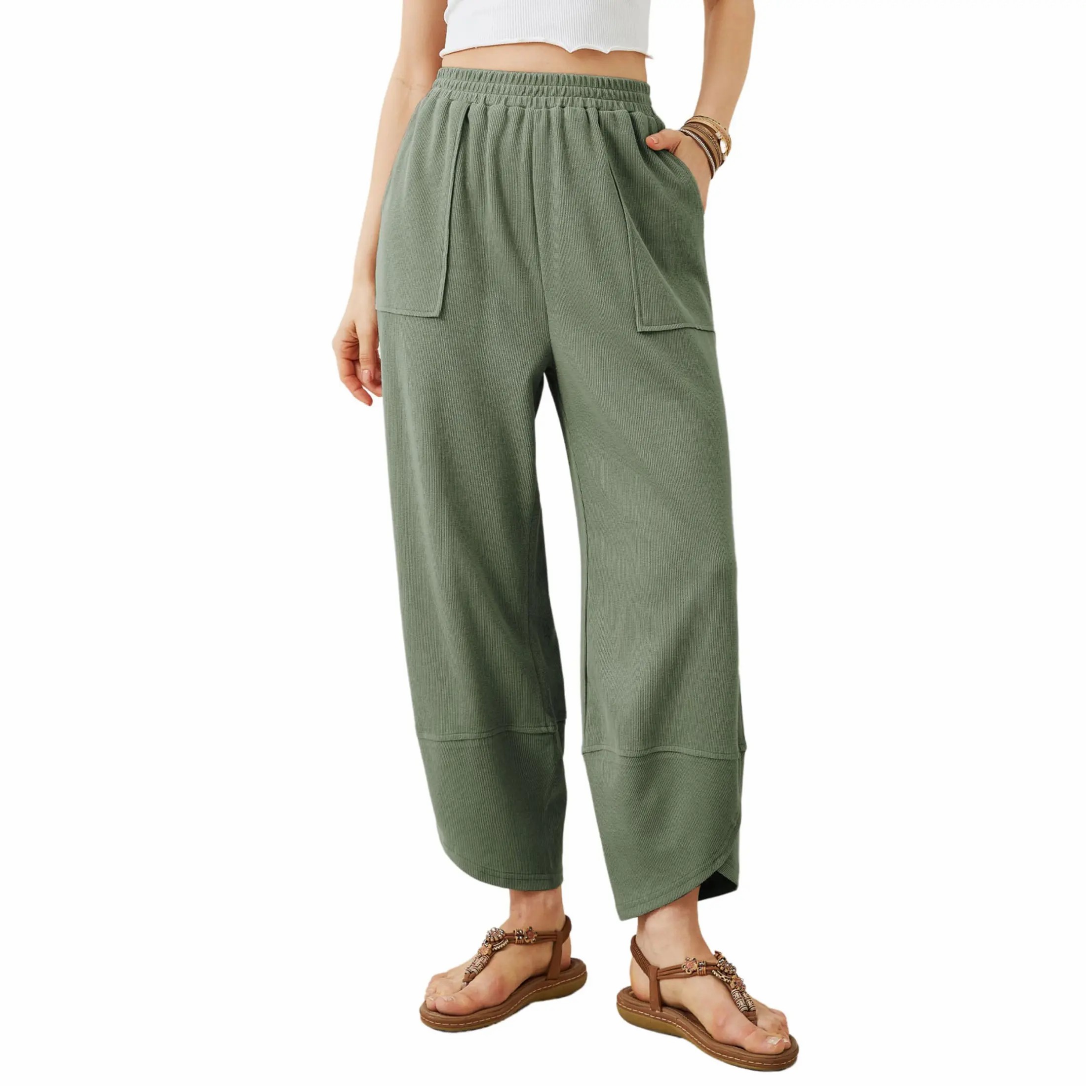Women’s Elastic Waist Wide Leg Baggy Pants – Casual Harem Palazzo Pants with Pockets