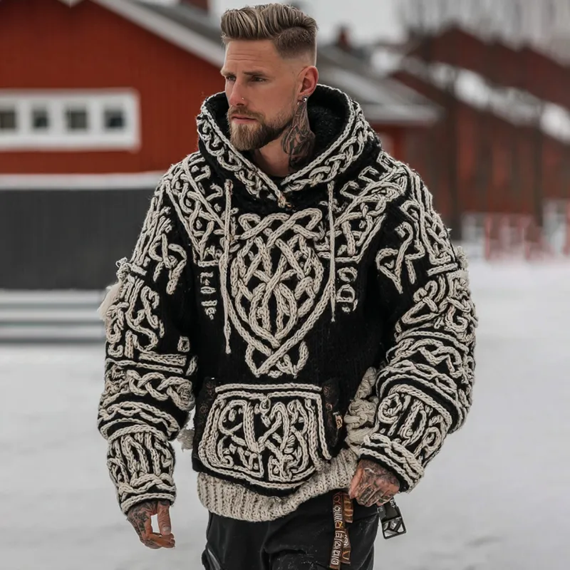 Men's Viking Celtic Pattern Art Cozy Knit Hooded Sweater
