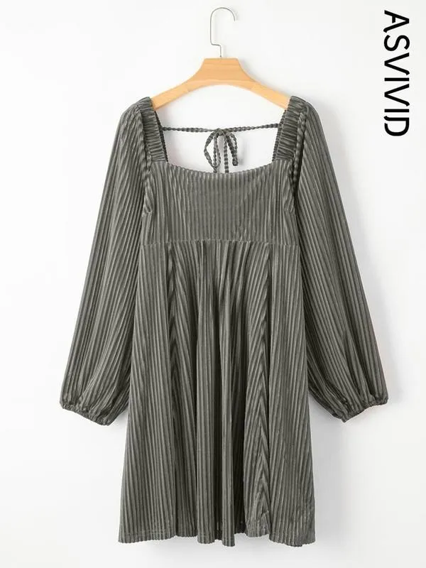 Women's Plain Bishop Sleeve Tie Back Square Neck Dress