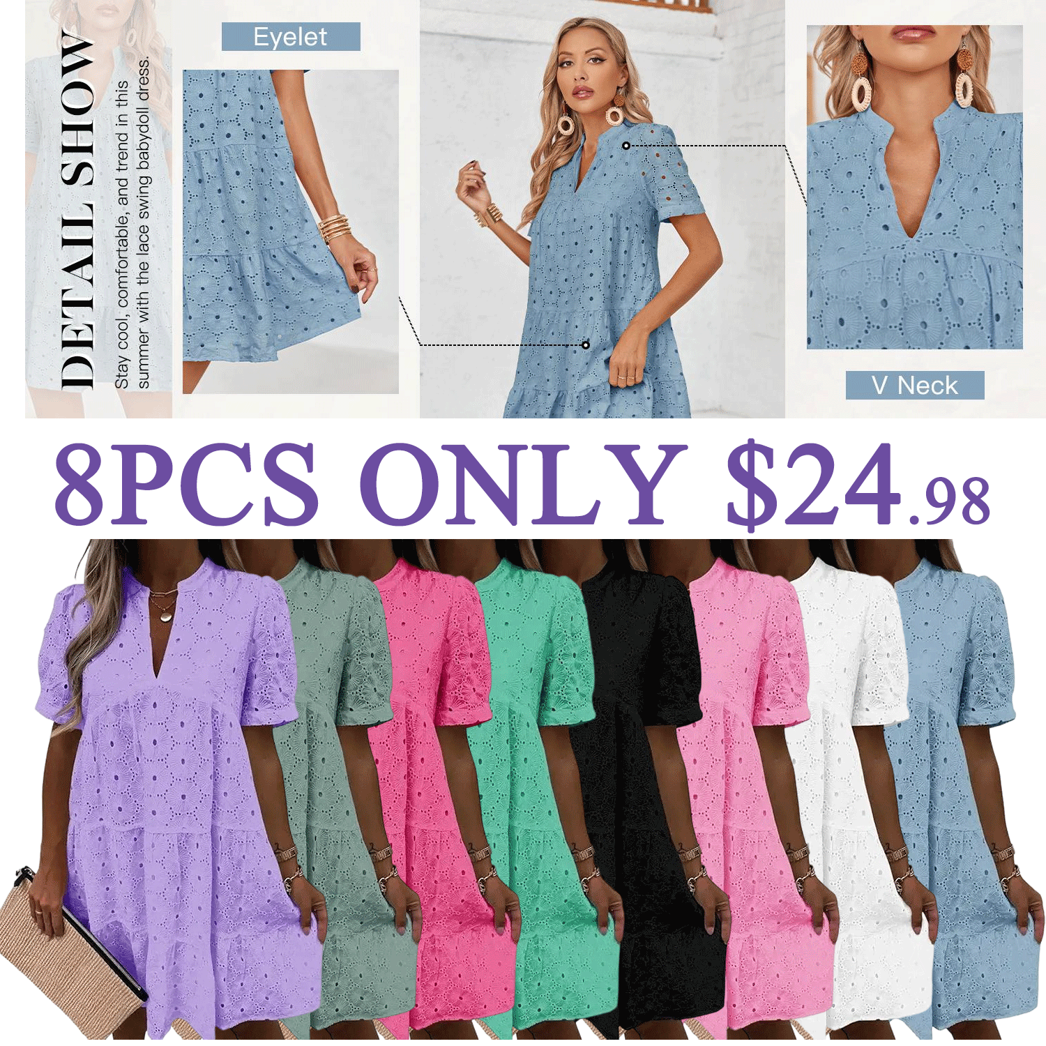 Women’s Eyelet Lace Summer Tunic Dress – Flowy V-Neck Babydoll Style