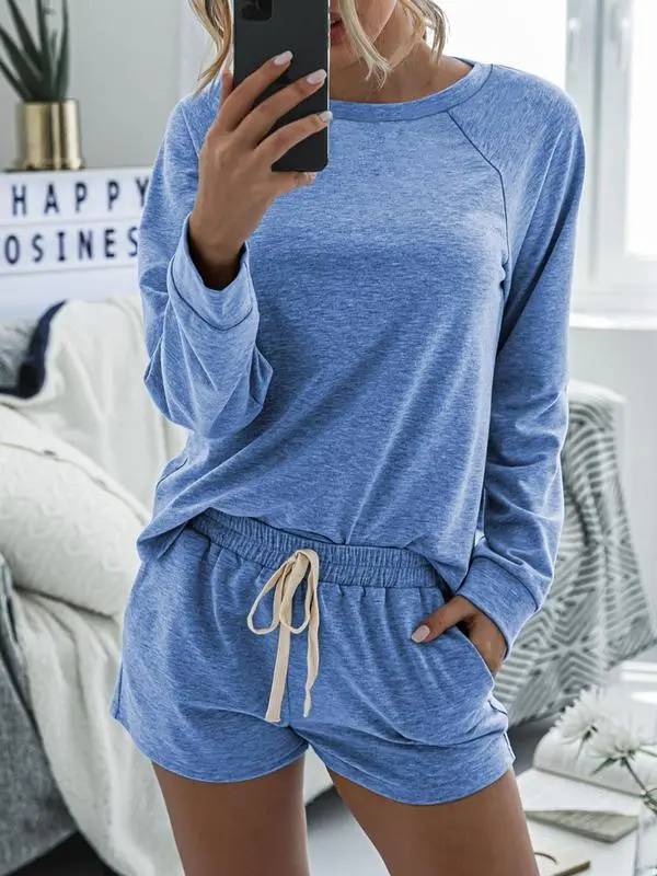 Long Sleeve Round Neck Top & Pocket Shorts Pajamas Set