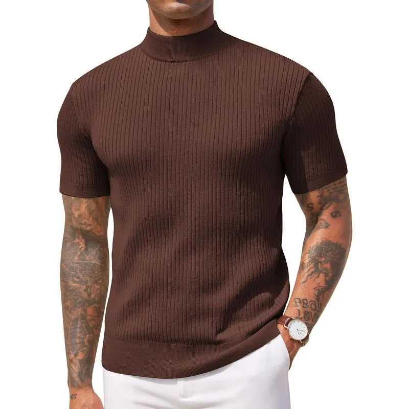 Men's Mock Turtleneck Sweater Short Sleeve Casual Basic Tops Ribbed Knit Pullover Solid Tee(100%Polyester)