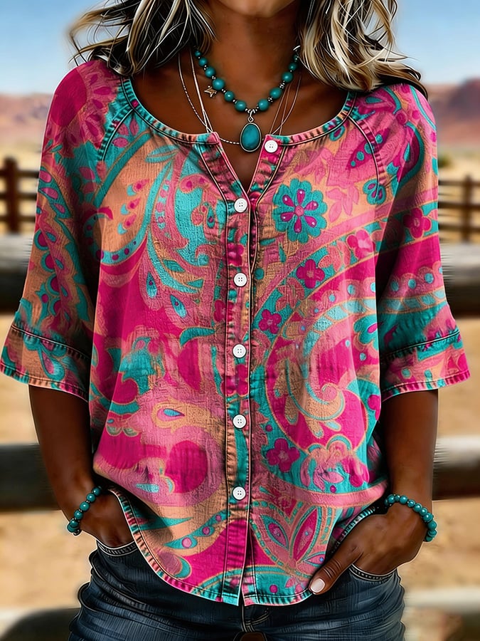 Women's Casual Retro Western Cotton Linen Shirt