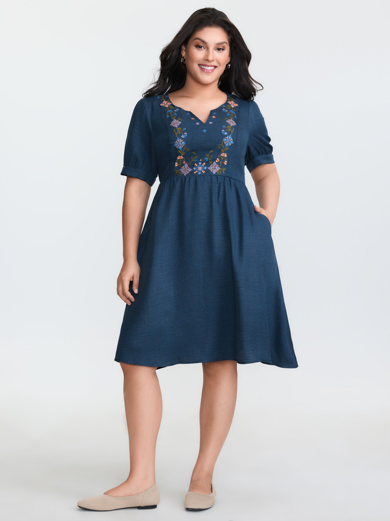 Floral Embroidered Neckline Textured Mini Dress