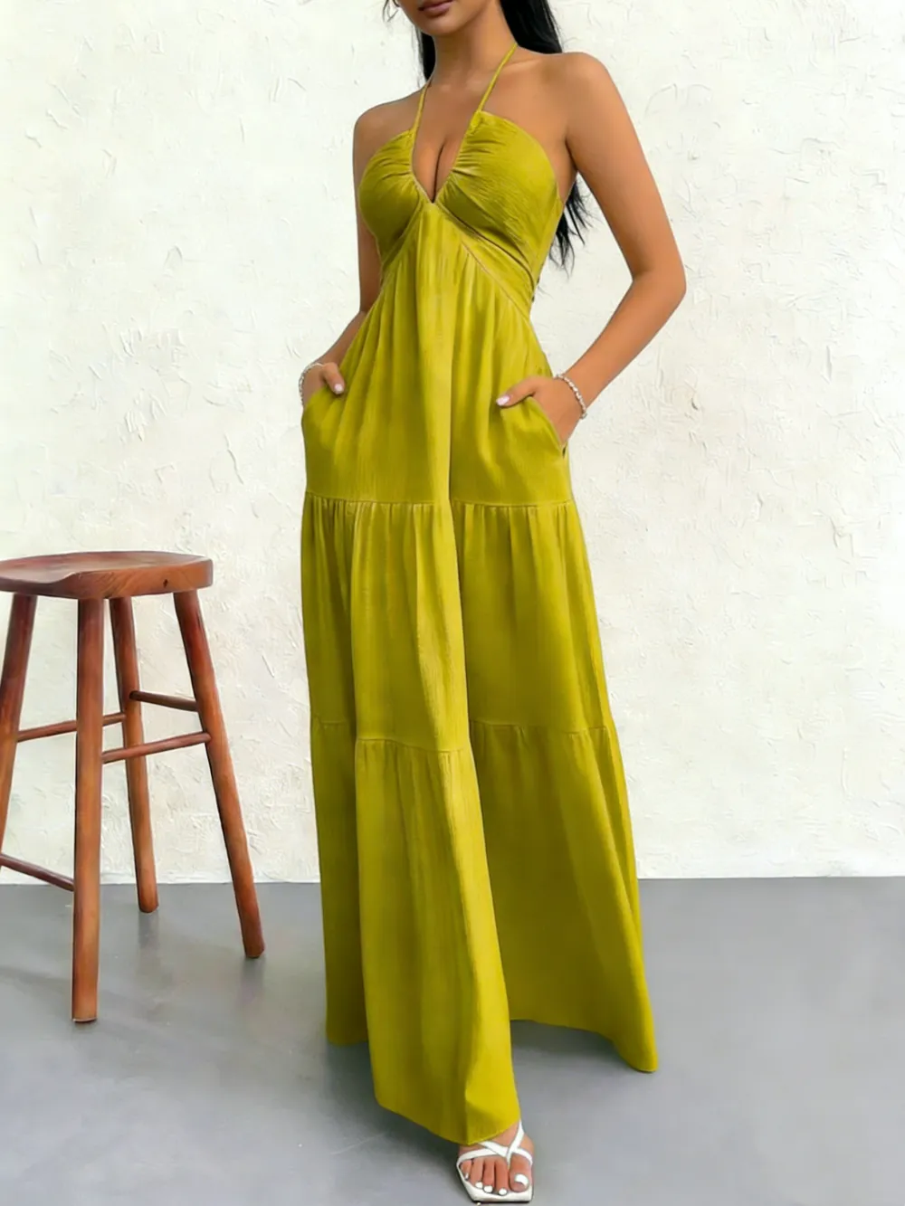 Women's Casual Fashion Solid Color Dresses V-Neck Sleeveless Dresses