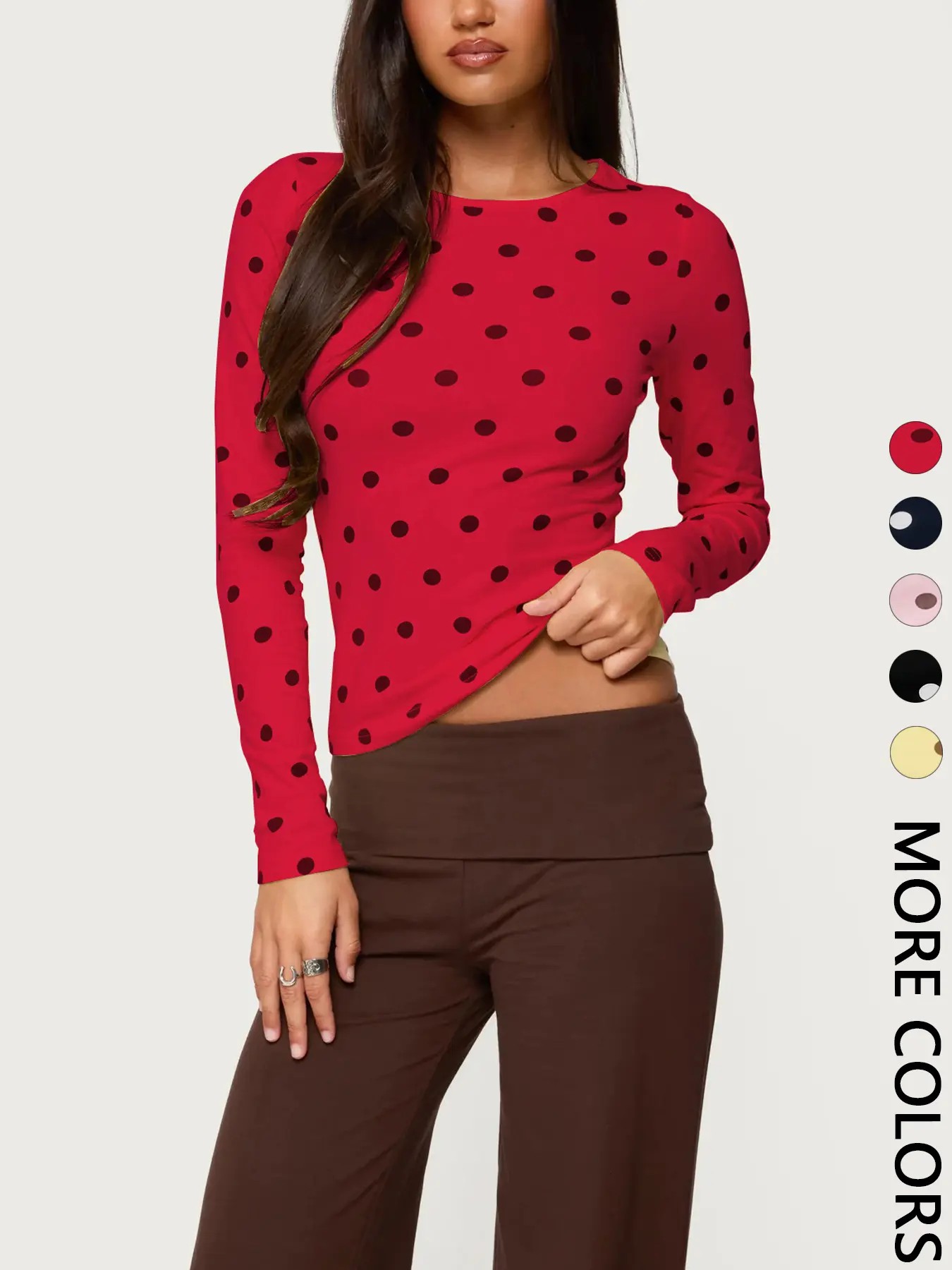 Women’s Retro Polka Dot Slim Fit Long Sleeve Crop Top – Vintage Chic Casual Style
