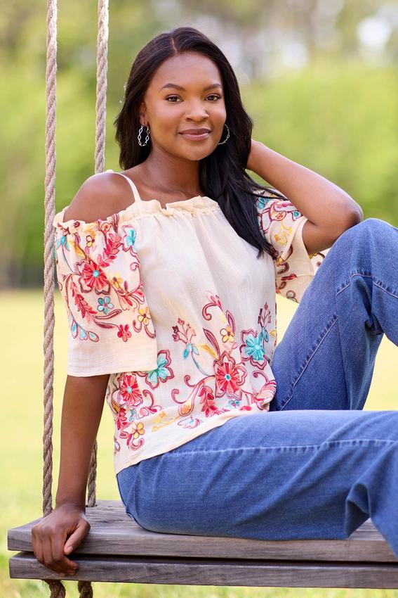 Embroidered Cold Shoulder Top