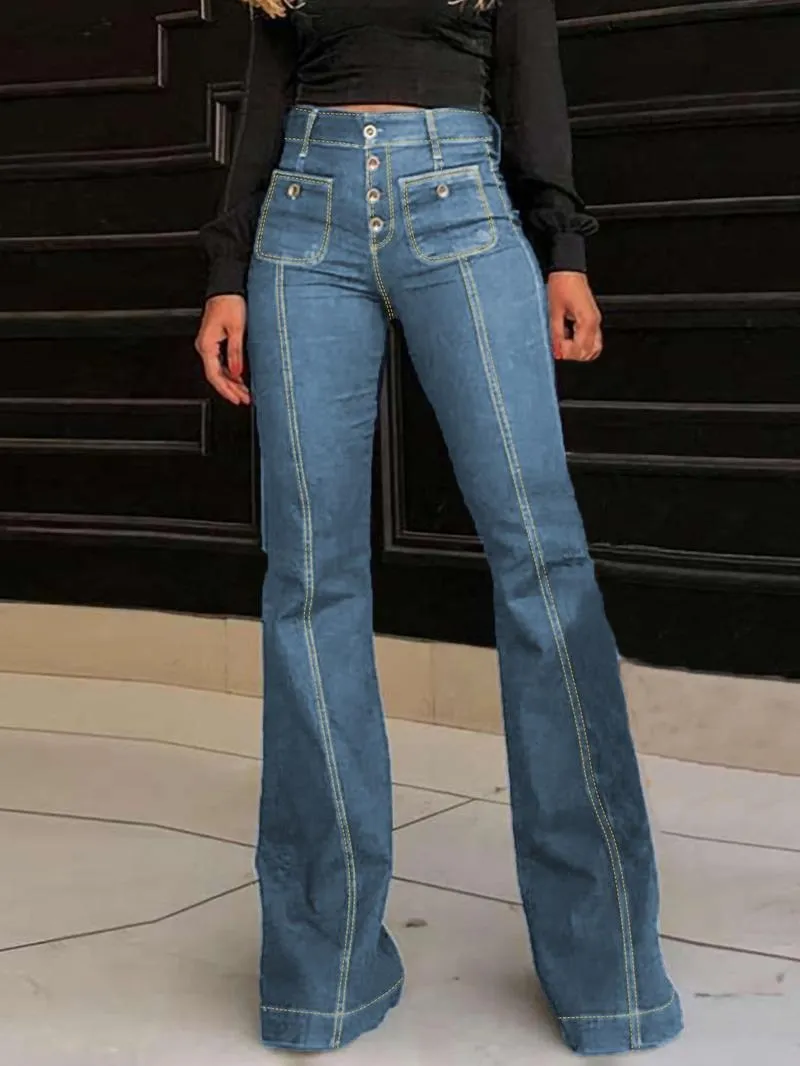 Women's Plain Button Pocket Flare Leg Jeans, Casual Bell Bottom Trousers for Daily Wear