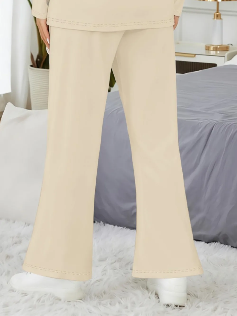 Women's Fashionable Big Size Casual Round Neck Short Sleeve Top & Loose Fit Straight Pants Set, Spring & Fall Comfortable Plain Design