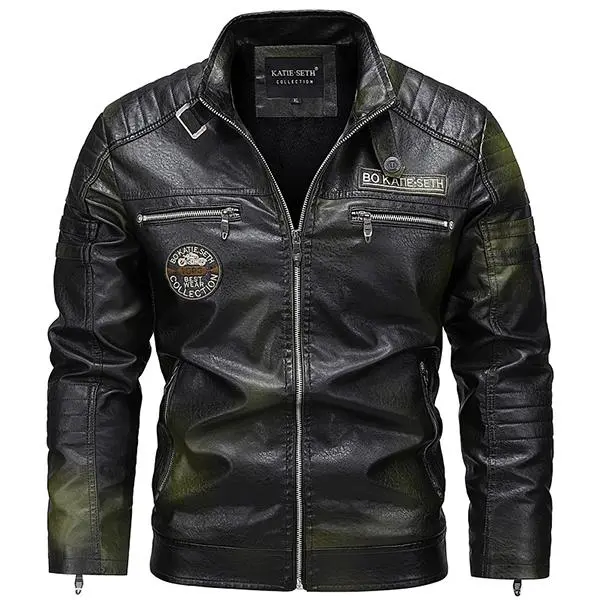 Men's Wine Red PU Leather Motorcycle Jacket - Quilted Details, Multiple Zippers