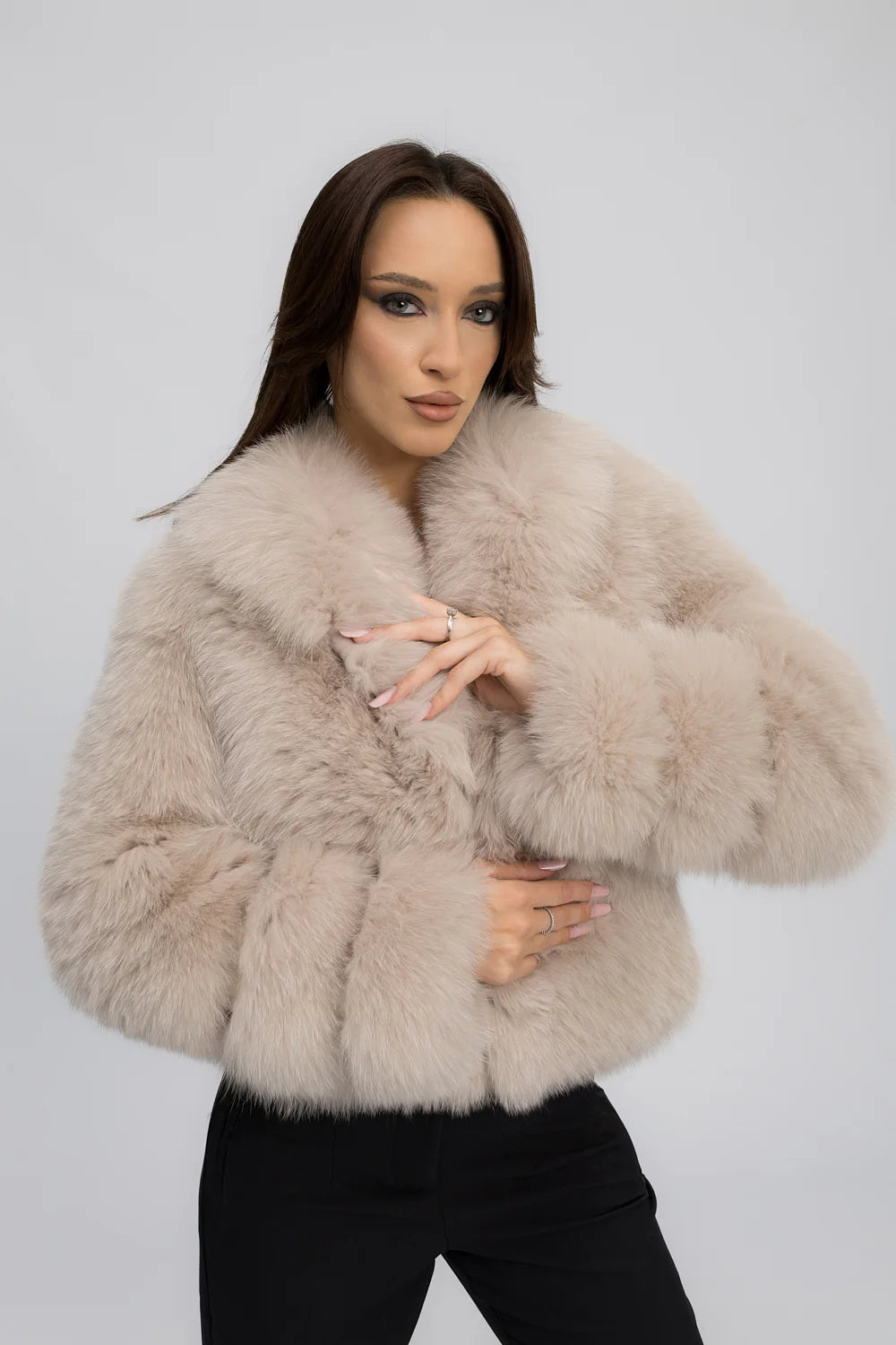Haină din Blană Naturală de Vulpe Polară, cu Guler Rever, Femei, Ivory Cloud 471