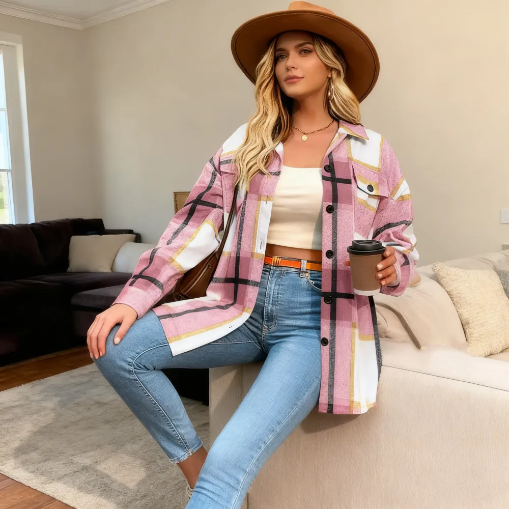 Women Plus Size Plaid Shacket  Coat