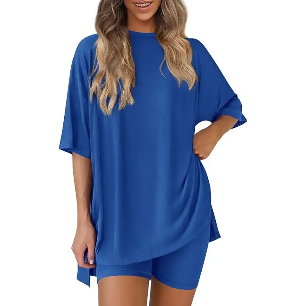 Crewneck Two-Piece Set For Women Summer Casual Oversized Split Hem Shirts