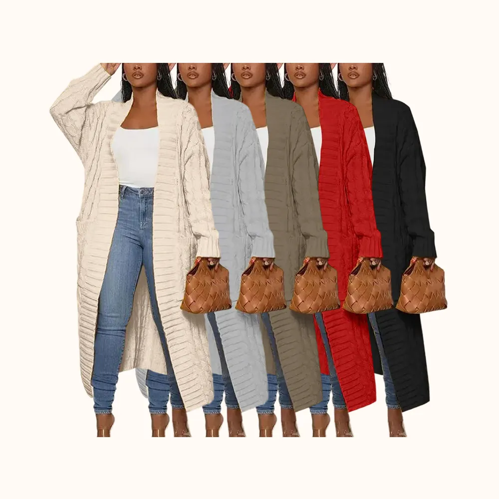 Women's Solid Color Textured Drop Shoulder Pocket Longline Cardigan