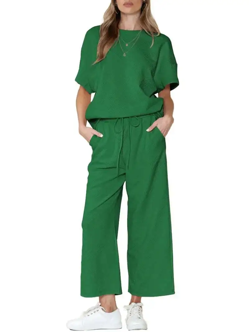 ⏰Women's Textured Loose Fit T Shirt and Drawstring Pants Casual Set