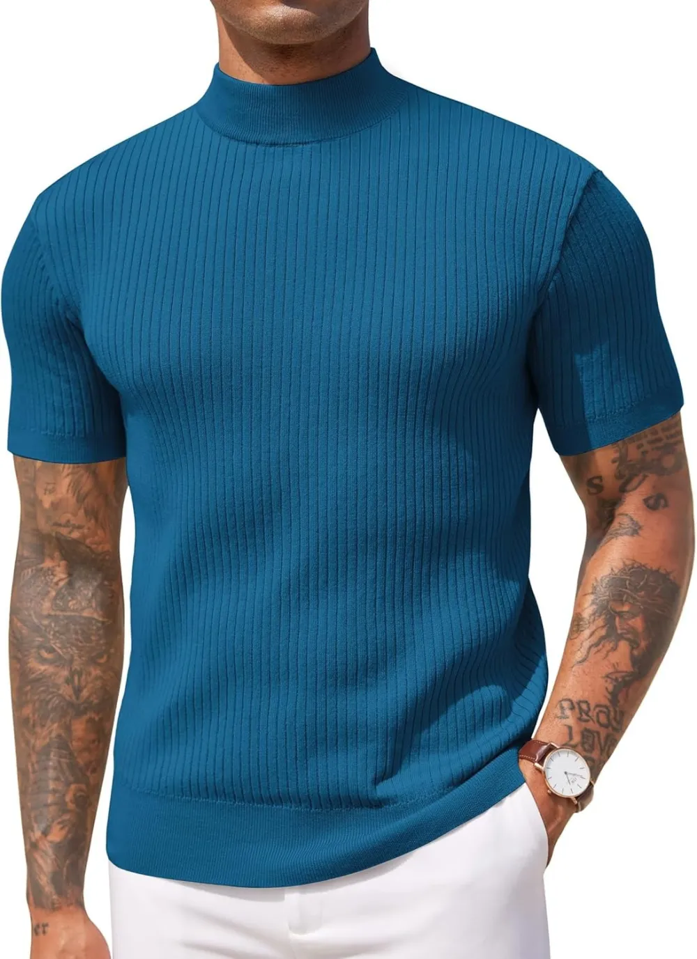 Men's Mock Turtleneck Sweater Short Sleeve Casual Basic Tops Ribbed Knit Pullover Solid Tee(100%Polyester)