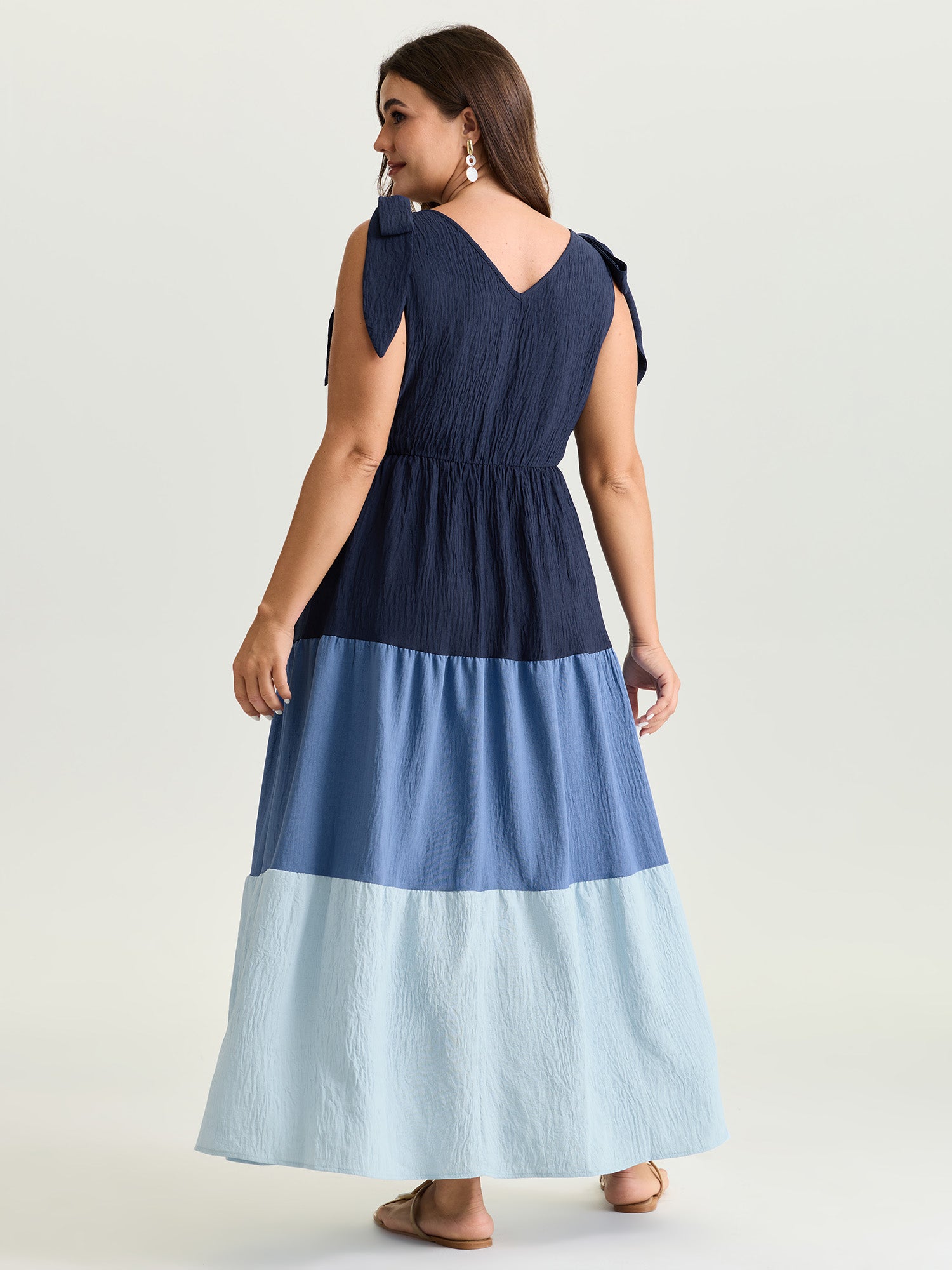 Colorblock Shoulder-Tie Tiered Maxi Dress