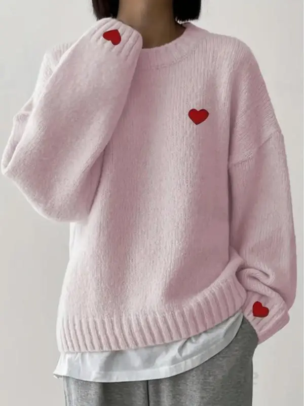 Women's Winter New Fashion Sweater, Embroidered Heart Knitwear