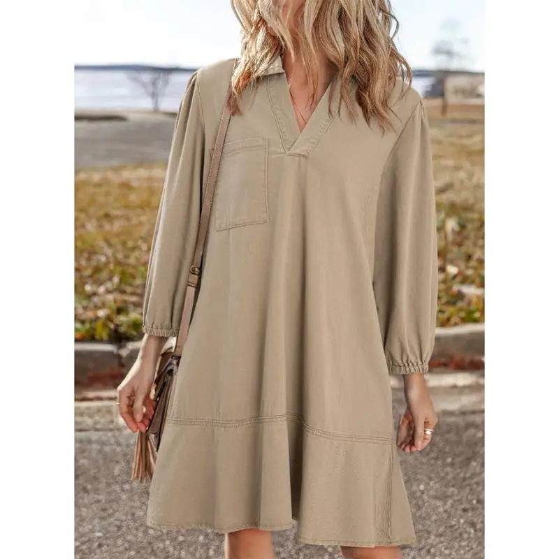 V Neck 3/4 Puff Sleeve Jean Dresses