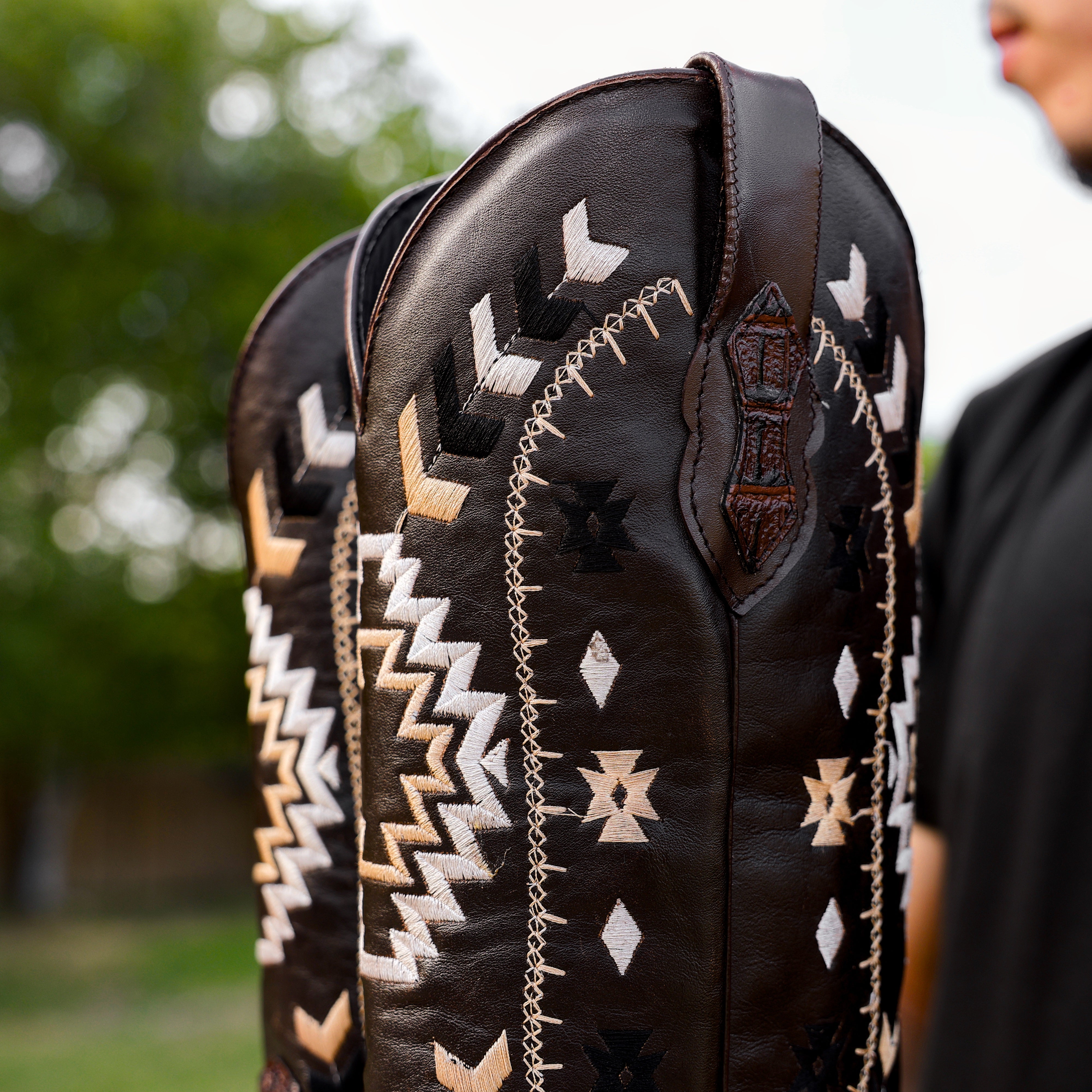 Brown Caiman Neck Leather Boots - Square Toe